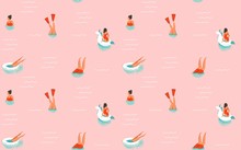 Hand Drawn Vector Abstract Cartoon Summer Time Fun Illustration Seamless Pattern With Swimming People Isolated On Pink Background