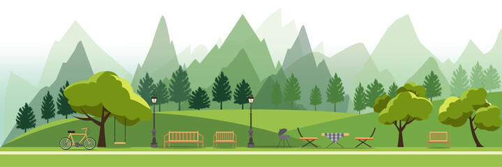 nature landscape with garden,public park,camping bbq grill outdoor, picnic,vector illustration