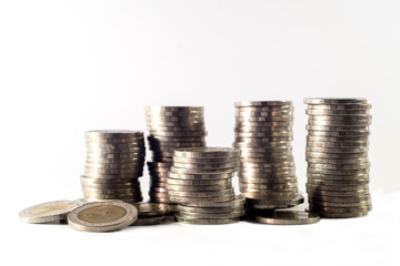 Coins stacks thai baht on white background