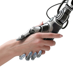 Cyber communication design concept. Female robot and human holding hands with handshake.