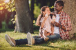 © LIGHTFIELD STUDIOS - happy african american granddaughter and grandfather eating ice cream in cones while sitting on grass in park