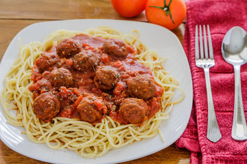 Wall Mural - Spaghetti and Meatballs with Tomato Sauce on Square Plate