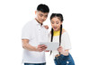 © LIGHTFIELD STUDIOS - beautiful smiling young asian couple using digital tablet with blank screen isolated on white