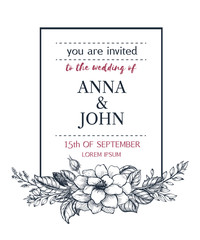 Wedding invitation of hand drawn flower in sketch style.  Vector floral frame can be use for greeting card, template, invitation