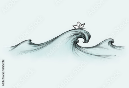 Welle auf dem Meer mit Papierschiffchen – kaufen Sie diese Illustration und  finden Sie ähnliche Illustrationen auf Adobe Stock | Adobe Stock