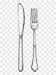 Wall Mural - Old fork and knife sketch. Cutlery on a transparent background