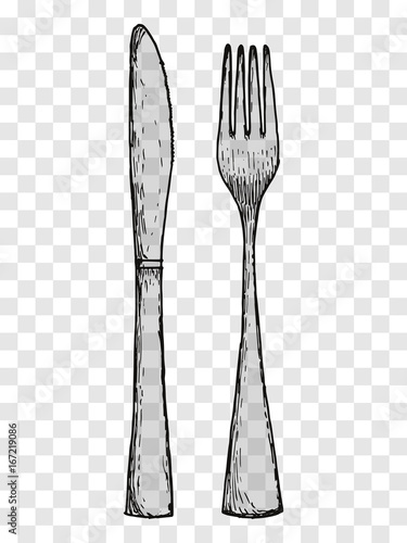 Old fork and knife hand drawing. Cutlery on a transparent background