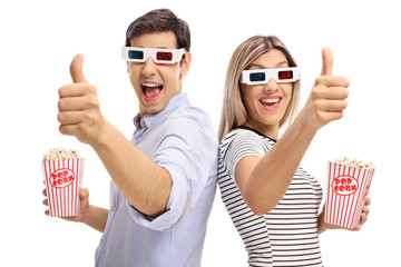 Sticker - Man and woman with 3D glasses and popcorn holding thumbs up