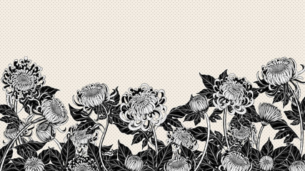 Wall Mural - Chrysanthemum vector on brown background.Chrysanthemum flower by hand drawing.Floral tattoo highly detailed in line art style.Flower tattoo black and white concept.