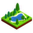 Isometric summer landscape with lake and low poly trees and bushes. Vector flat 3d design or infographic element. Summer forest illustration