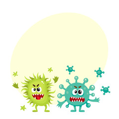 Wall Mural - Couple of virus, germ, bacteria characters with human faces and sharp teeth, cartoon vector illustration with space for text. Scary bacteria, virus, germ monsters, pathogens, microorganisms