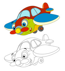 Wall Mural - cartoon happy traditional plane with propeller smiling and flying - coloring page