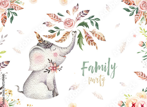 Cute baby elephant nursery animal isolated illustration for children. Bohemian watercolor boho forest elephant family drawing, watercolour image. Perfect for nursery posters, patterns. Birthday © kris_art
