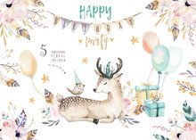 Cute Baby Deer Nursery Animal Isolated Illustration For Children. Bohemian Watercolor Boho Forest Deer Family Drawing, Watercolour Image. Perfect For Nursery Posters, Patterns. Birthday Invitation