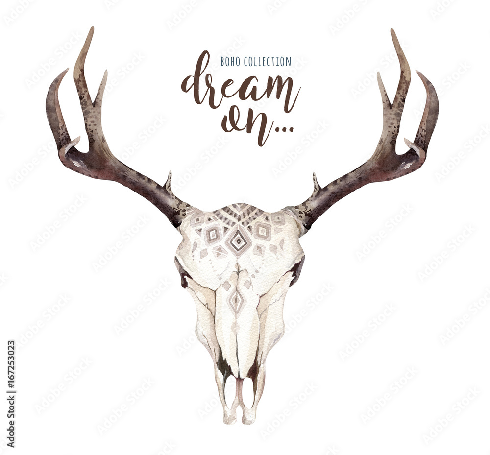 Watercolor bohemian cow skull and tropic palm leaves. Western deer ...