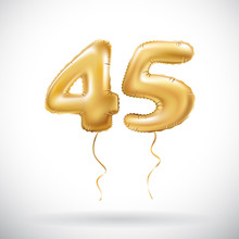 Vector Golden Number 45 Forty Five Metallic Balloon. Party Decoration Golden Balloons. Anniversary Sign For Happy Holiday, Celebration, Birthday, Carnival, New Year.
