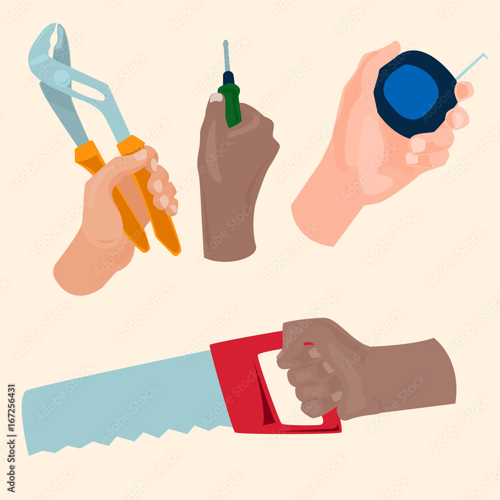 Hands with construction tools vector cartoon style House renovation ...