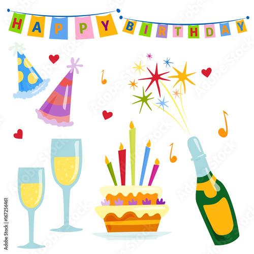 Party icons celebration happy birthday surprise decoration cocktail event ann...