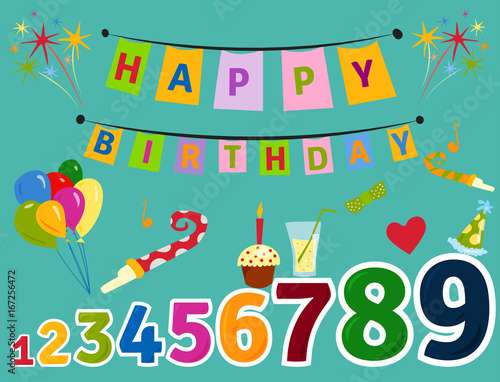 Party icons celebration happy birthday surprise decoration cocktail event ann...