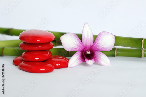 Galets Rouge Disposes En Mode De Vie Zen Avec Une Orchidee Bicolore Sur Le Cote Droit Des Bambou Pose Derriere Le Tout Sur Fond Blanc Stock Photo Adobe Stock