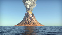 Volcano Eruption On An Island In The Ocean 3d Illustration