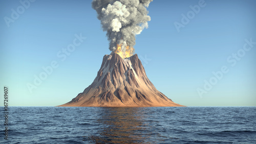Fotomural Volcano eruption on an island in the ocean 3d illustration