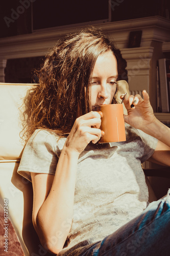 Enjoying Time At Home Close Up Portrait Chestnut Hair Woman