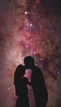 Silhouettes Of A Young Couple Under The Starry Sky. My Astronomy Work.