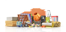 Set Of Construction Materials And Tools Isolated On A White Background. 3d Illustration