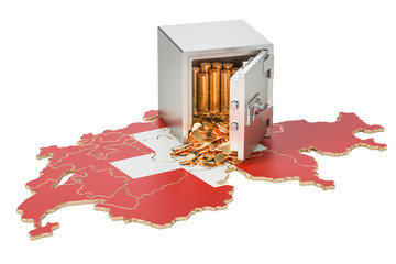 Poster - Safe box with golden coins on the map of Switzerland, 3D rendering