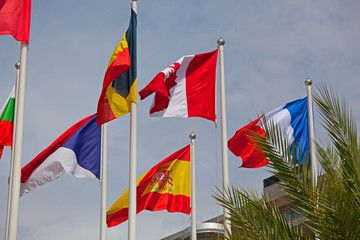 Flags of the world happily blowing in the wind .