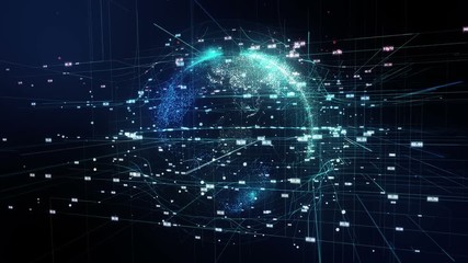 Animation of planet earth in space with connections by lines and numbers