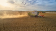 © Martin Mecnarowski - Aerial view on  combine harvester gathers the wheat at sunset. Harvesting grain field, crop season. Side view on harvester in the partly harvested field against sunset sky, Europe.