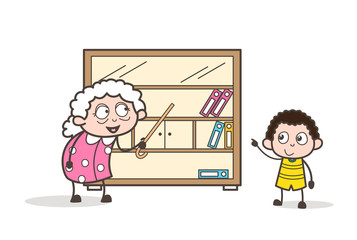 Wall Mural - Cartoon Granny Showing Books Shelf to Her Grandson Vector Graphic