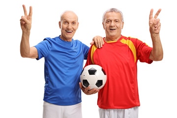 Poster - Elderly soccer players making victory signs