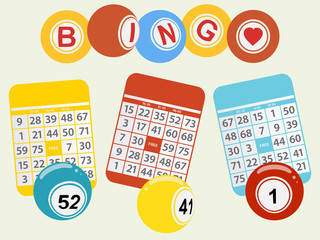 Wall Mural - Three bingo balls and cards on light green background