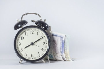 Business concept old vintage alarm clock money key. Time is money. Free money, waste time