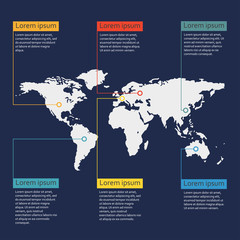  World map infographics template. Graphic information and infographic design elements. Vector illustration.