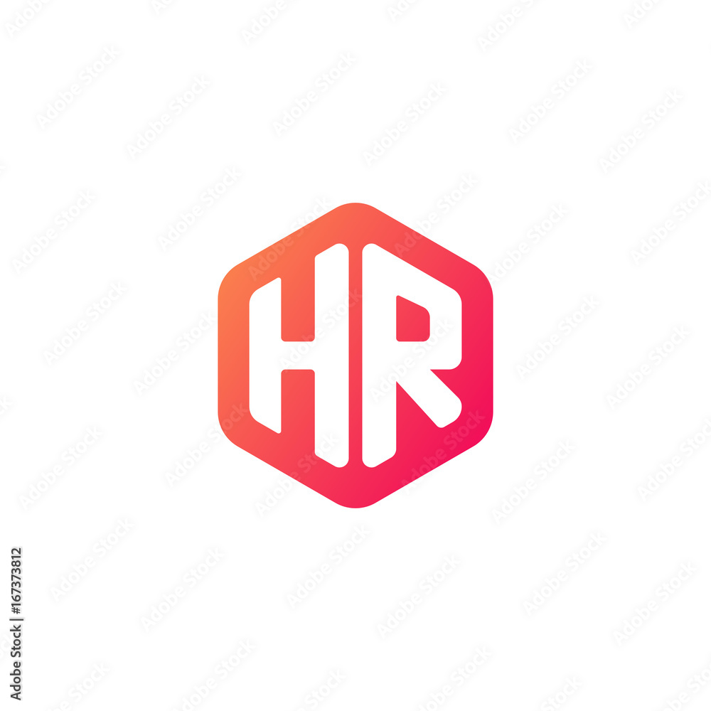 Initial letter hr, rounded hexagon logo, gradient red orange colors
 
