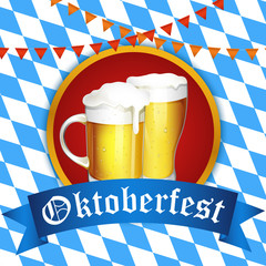 Wall Mural - Oktoberfest beer festival - vector illustration with a beer glasses on the Bavarian flag background.