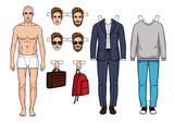 Fototapeta Młodzieżowe - Fashionable modern set of clothes and accessorizes for men. Modern clothing ,casual style and business suit for men. Hand drawn Men's paper doll with clothes, shoes, bags and hairstyle