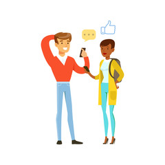 Sticker - Young smiling man and beautiful woman standing with smartphones and communicating in social networks colorful character vector Illustration