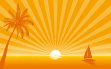 Silhouette Palm Tree And Sailboat In Flat Icon Design With Sunshine Ray Background