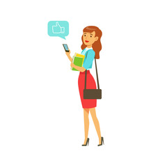 Sticker - Young elegant woman standing and sending a message to someone using her smartphone colorful character vector Illustration