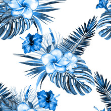 Tropical Floral Seamless  Pattern. Watercolor Exotic Bouquets. Flowers Of Hibiscus And Plumeria, Rain Forest Palm Leaves, Calathea And Monstera. Trendy Blue Tones On White Background. Textile Design.