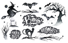 Halloween Hand Drawing Black White Graphic Set Icon, Drawn Hallo