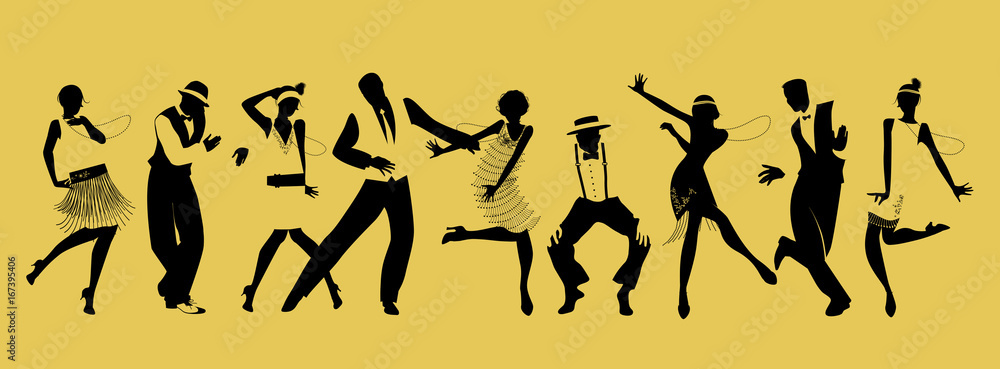 Silhouettes of nine people dancing Charleston - obrazy, fototapety, plakaty 
