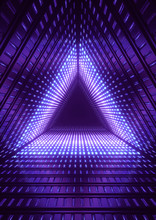 3d Render, Blue Neon Lights, Blue Triangle Tunnel, Abstract Geometric Background