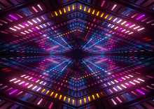 3d Render, Pink Blue Yellow Neon Lights, Bright Colorful Tunnel, Abstract Geometric Background