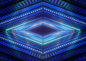 3d render, blue neon lights, bright colorful tunnel, abstract geometric background